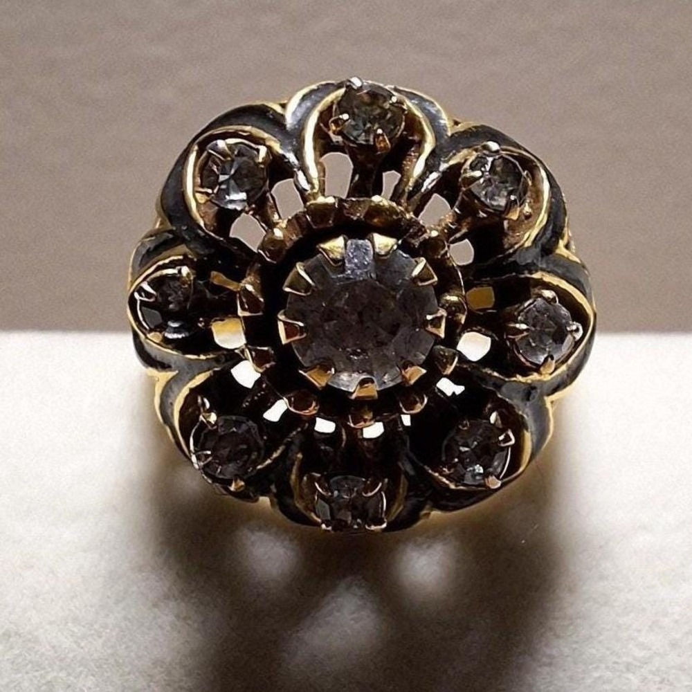 Vintage statement cocktail ring with gray stones black enamel size 8